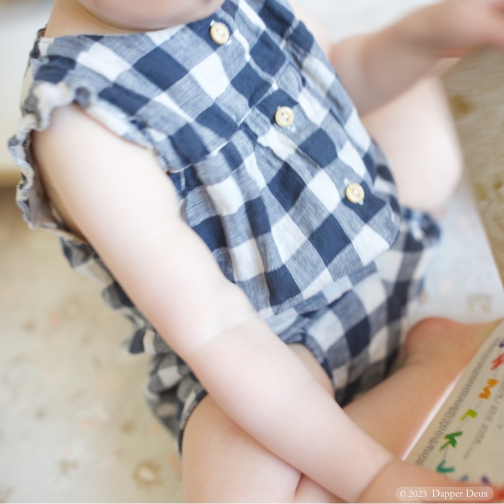 H&M | Linen Romper Suit in Dark Blue Gingham Check